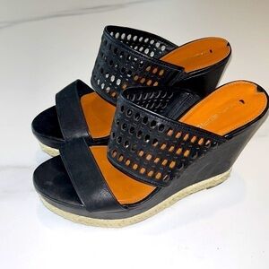 Via Spiga Women's Black Leather Wedges Laser Cut Leather Strap with rope detail